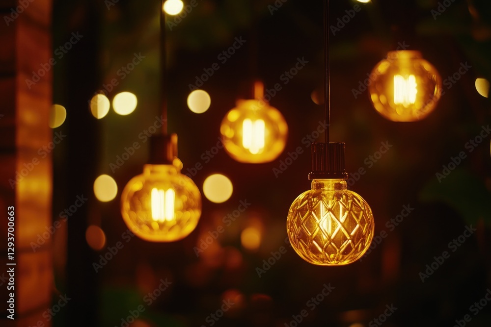 A collection of light bulbs suspended from the ceiling, providing ambient lighting A collection of light bulbs suspended from the ceiling, providing ambient lighting