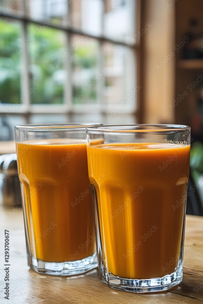 Two Glasses of Orange Juice on Wooden Table Near Window Two Glasses of Orange Juice on Wooden Table Near Window