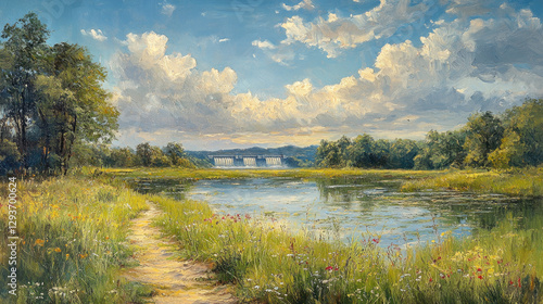Sunny Meadow Path to River with Dam