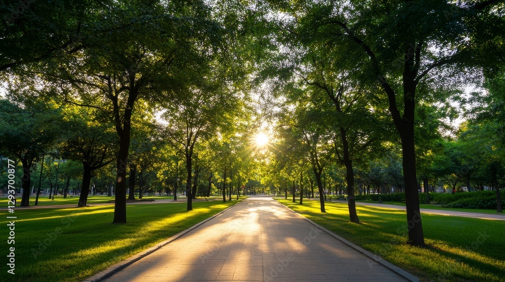 Fototapeta premium Urban city park with soft dappled morning light filtering through trees.