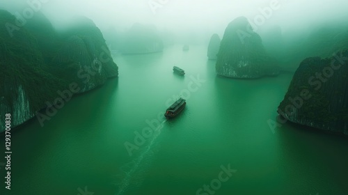Serene waters reflect misty mountains, creating an ethereal land