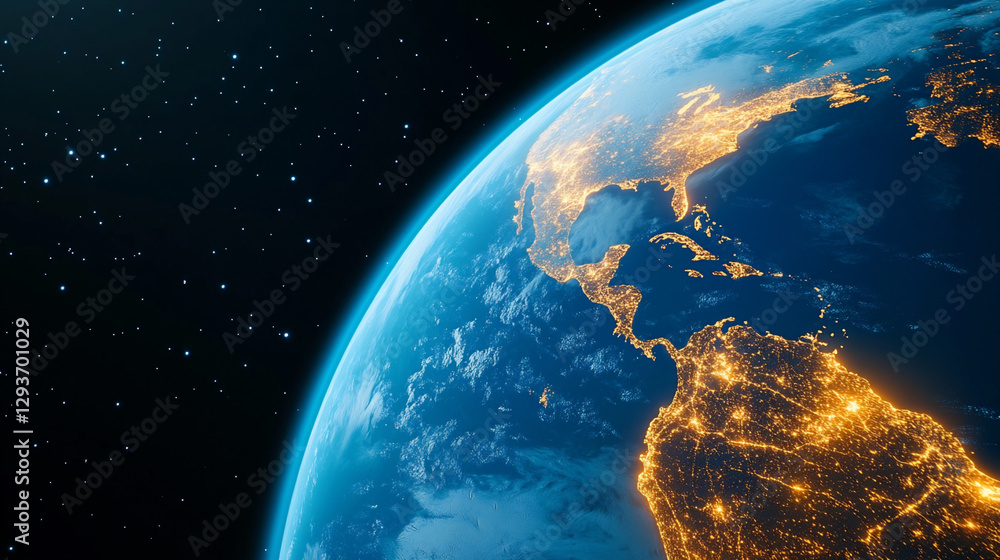 Detailed View of Earth From Space Highlighting Continents and City Lights at Night Detailed View of Earth From Space Highlighting Continents and City Lights at Night