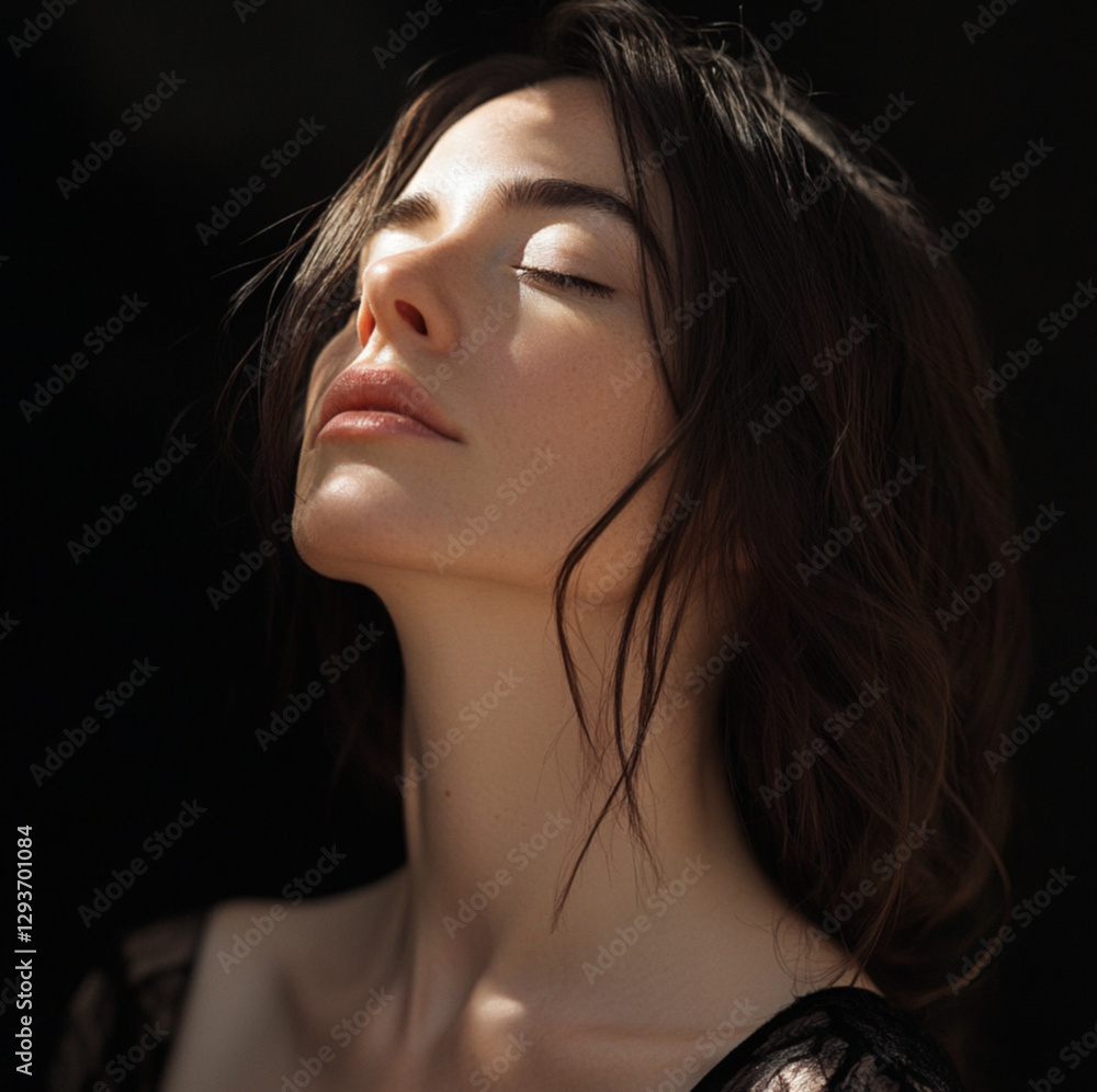 a beautiful woman, her head is tilted back to one side, her eyes are closed, she is in peace with herself, no background, the picture is taken outside, light coming from the front left side, cinematic