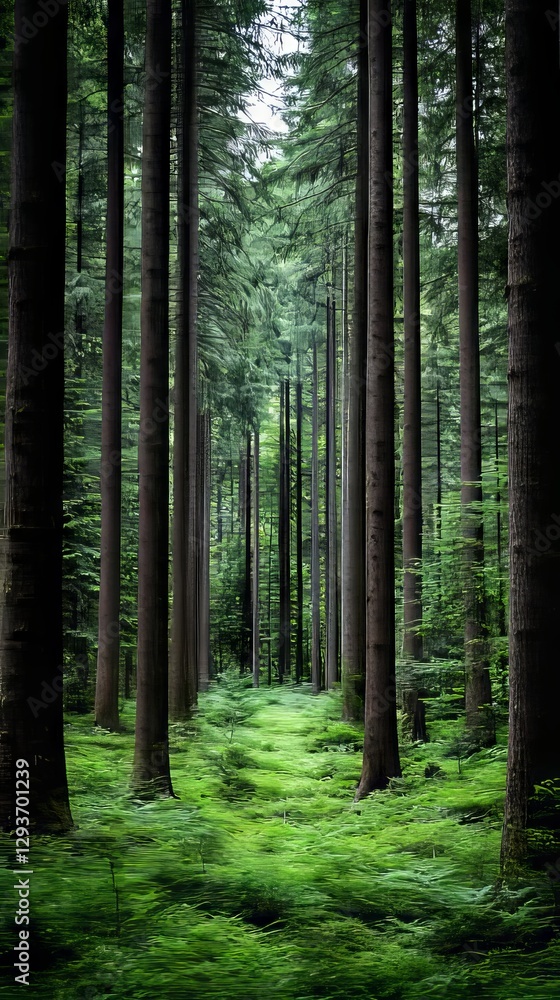 Naklejka premium A forest filled with lots of tall trees and green grass