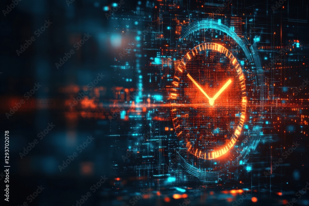 Obraz premium Futuristic Digital Clock Representation Featuring Neon Colors Against a Technological Background: A Vibrant Visualization of Time in a Cybernetic World