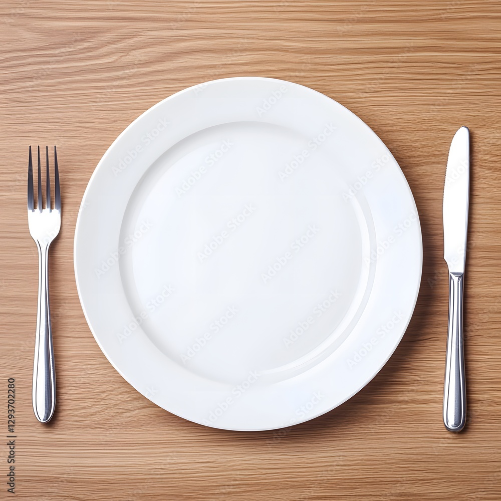 Empty Plate with Fork and Knife on Wooden Table Empty Plate with Fork and Knife on Wooden Table