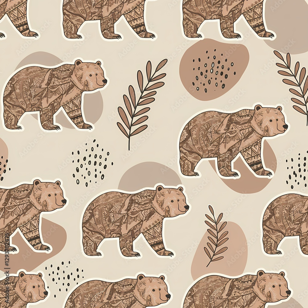 Obraz premium Broun bear pattern with abstract shapes for t-shirt design.