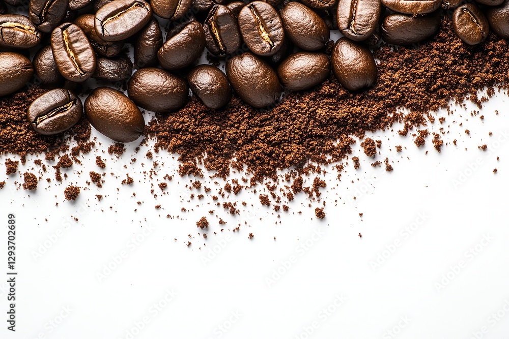 Macro photograph of coffee beans and ground powder on a white background Macro photograph of coffee beans and ground powder on a white background