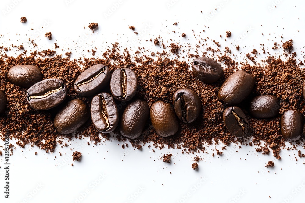 Macro photograph of coffee beans and ground powder on a white background Macro photograph of coffee beans and ground powder on a white background