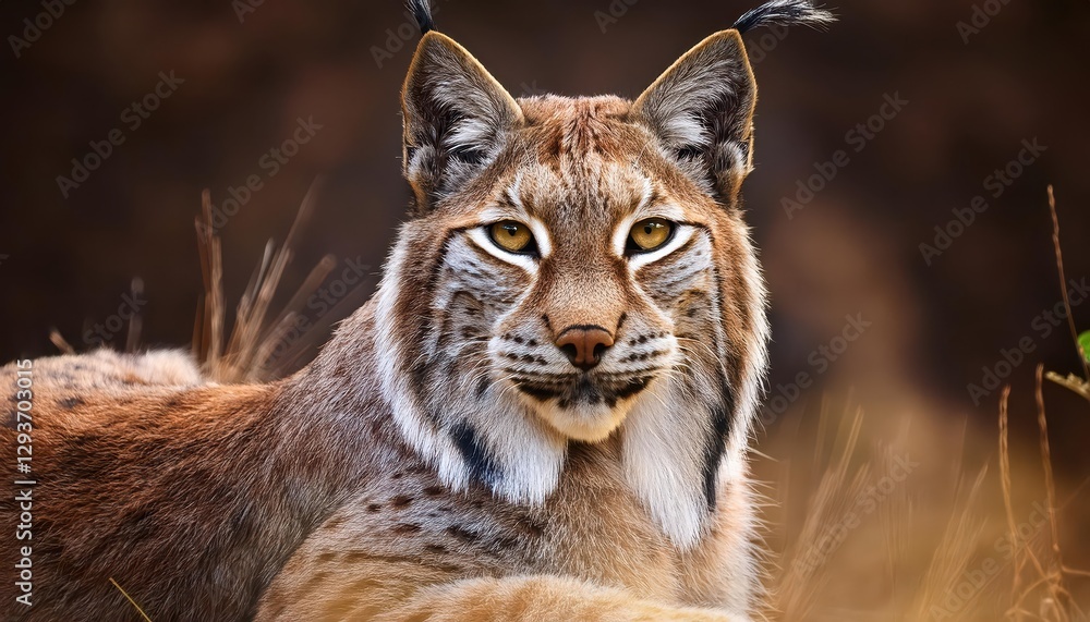 Eurasian Lynx Resting Intently as it Gazes at the Camera, Stripes and Rustic Surroundings Portray a Serene Moment in the Wilderness, Capturing the Majestic Beauty of the Iberian Feline at Sunset. Eurasian Lynx Resting Intently as it Gazes at the Camera, Stripes and Rustic Surroundings Portray a Serene Moment in the Wilderness, Capturing the Majestic Beauty of the Iberian Feline at Sunset.