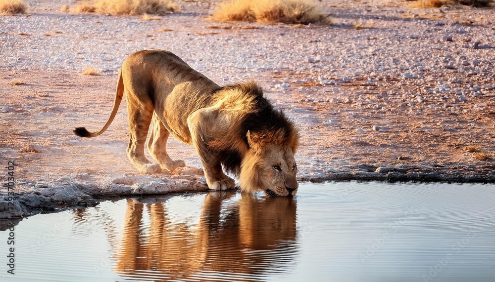 Lion Panthera leo Hydrating at a Waterhole in Etosha National Park, Namibia Majestic Moment of Serenity Captured amidst Stark African Landscape and Warm Sunset Glow Lion Panthera leo Hydrating at a Waterhole in Etosha National Park, Namibia Majestic Moment of Serenity Captured amidst Stark African Landscape and Warm Sunset Glow
