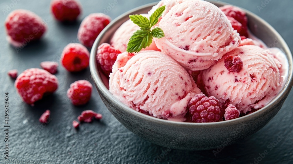 A colorful and inviting image of a bowl filled with fresh raspberries and scoops of ice cream A colorful and inviting image of a bowl filled with fresh raspberries and scoops of ice cream