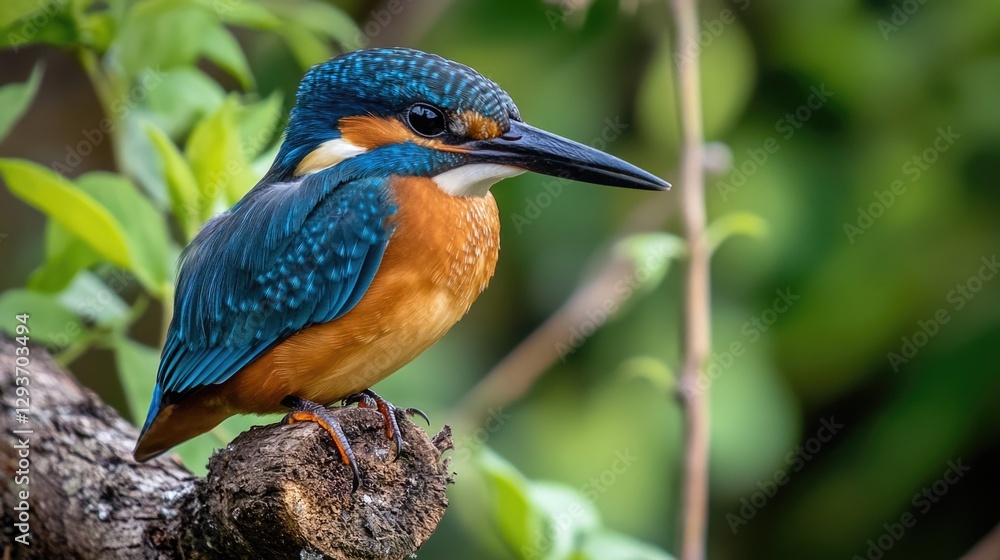 Fototapeta premium A bright blue and orange bird perched on the edge of a tree branch, with lush green leaves in the background