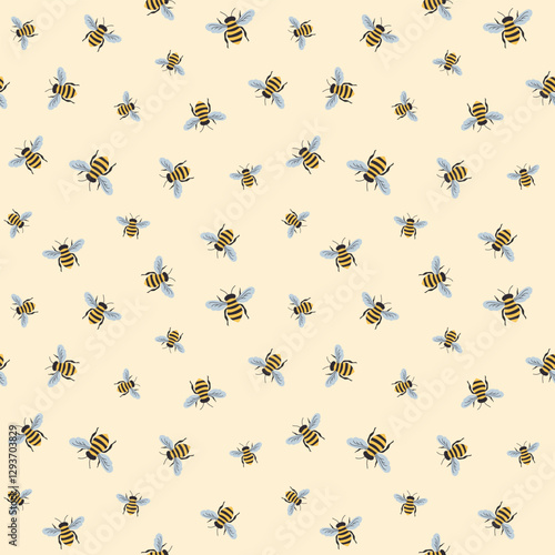Flying bees seamless pattern. Illustration for background, banner. Cute repeated pattern on bright background.
