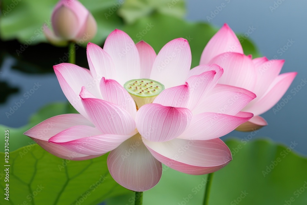 Fototapeta premium Delicate pink lotus blossoms surrounded by lush green leaves, re