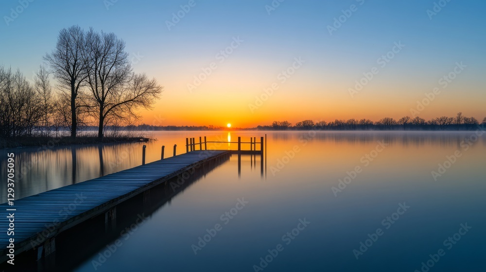 Obraz premium Tranquil sunrise over a calm lake, evoking peace and serenity. 