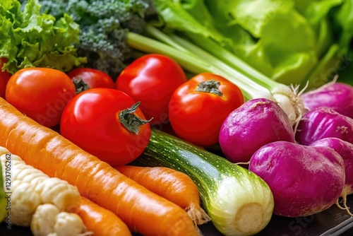 A colorful arrangement of various vegetables on a black plate