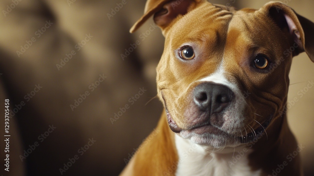 A domesticated brown and white dog is sitting comfortably on a couch A domesticated brown and white dog is sitting comfortably on a couch