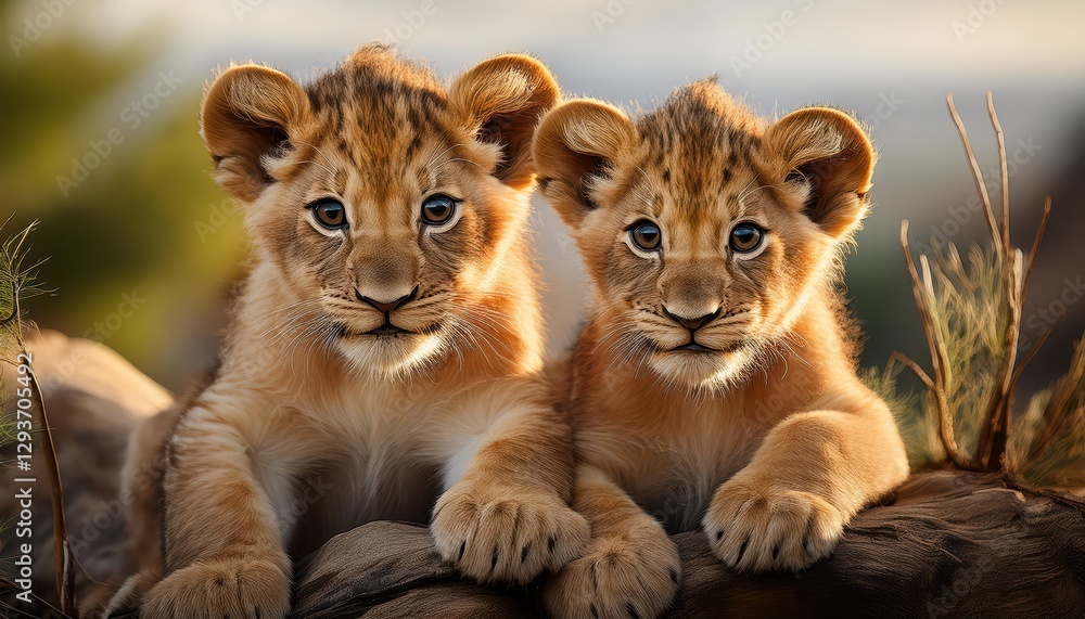 Obraz premium Adorable Lion Cubs Playfully Exploring a Vibrant Savannah, Filled with Golden Grasses and Sunlit Serenity.