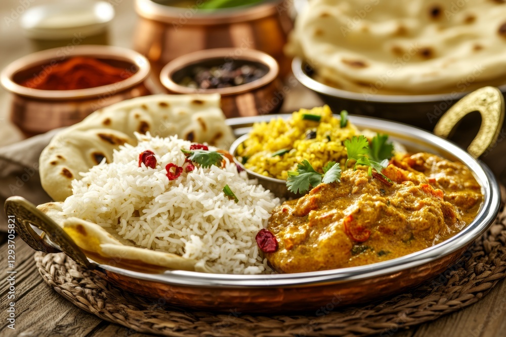 Indian Curry Dinner With Rice And Naan On Metal Plate