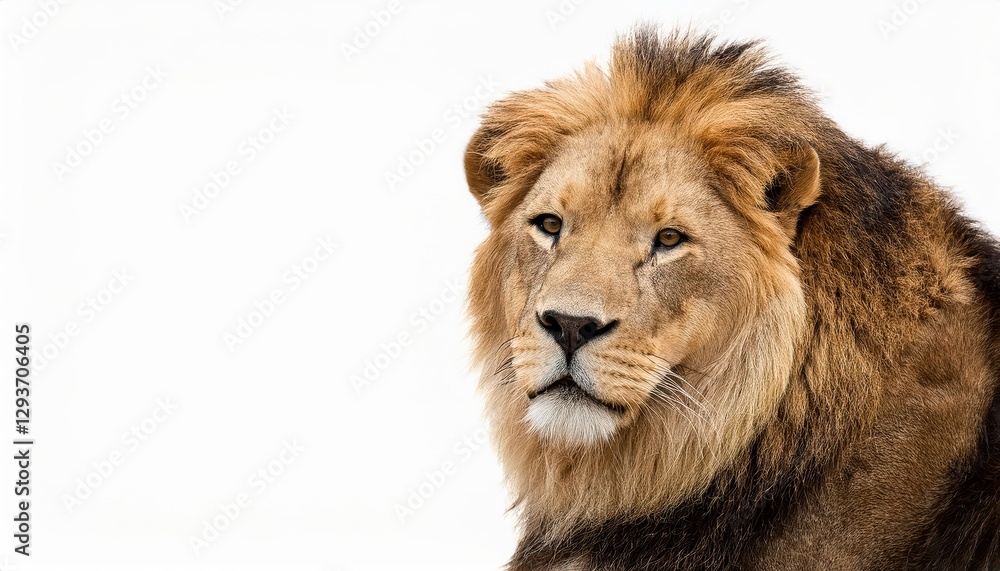 Striking Solitude Majestic Lion Standing Proudly Against a Sparkling White Backdrop, Emanating Regality and Power in a Serene Environment Striking Solitude Majestic Lion Standing Proudly Against a Sparkling White Backdrop, Emanating Regality and Power in a Serene Environment