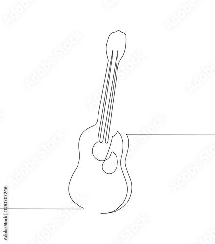Minimalistic one continuous line drawing of a guitar with musical harmonics on a white background.