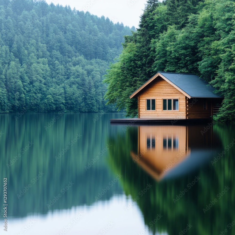 Fototapeta premium Tranquil lakeside cabin with soft dappled sunlight reflections.