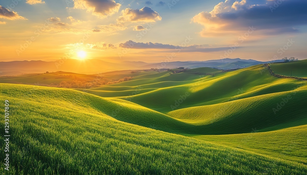 Obraz premium Aerial view of a beautiful landscape with green fields and a blue sky at sunset, in the French countryside, an idyllic rural scene, in the spring season.