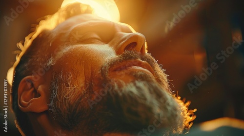 A bearded man relaxes, eyes closed, basking in the warm glow of sunlight. The atmosphere is soothing as he savors a moment of peace and serenity in an inviting indoor space.