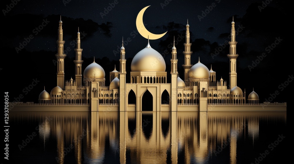 Obraz premium Breathtaking nighttime view of a majestic domed mosque with ornate minarets reflected in the still waters of a tranquil lake