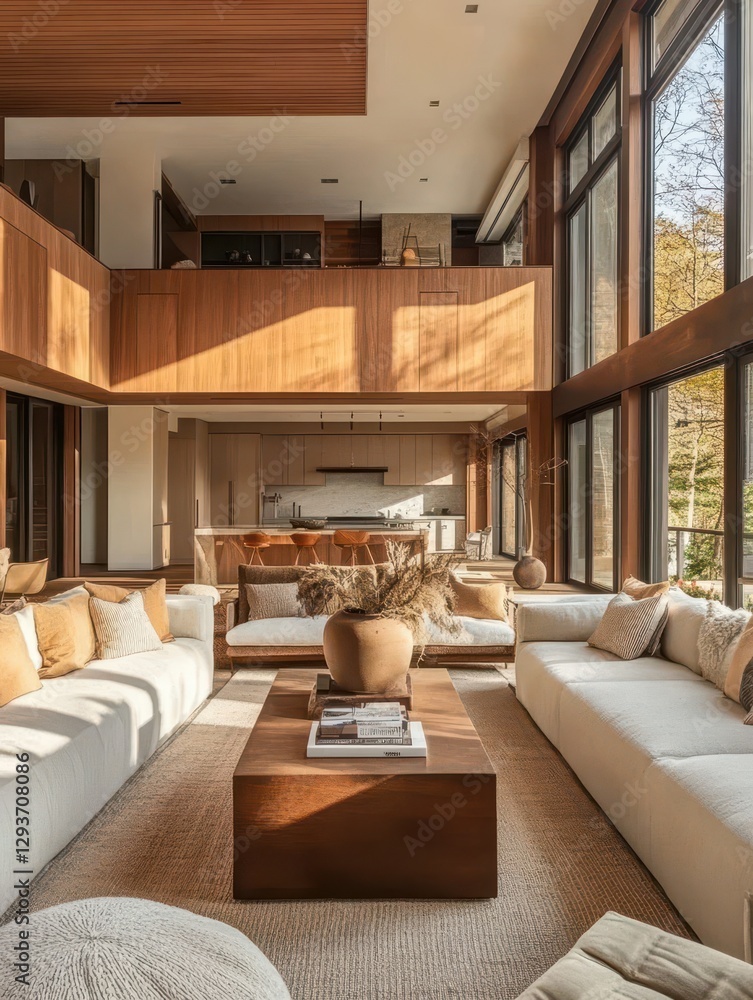 Fototapeta premium Interior of a modern minimalist living room with a kitchen