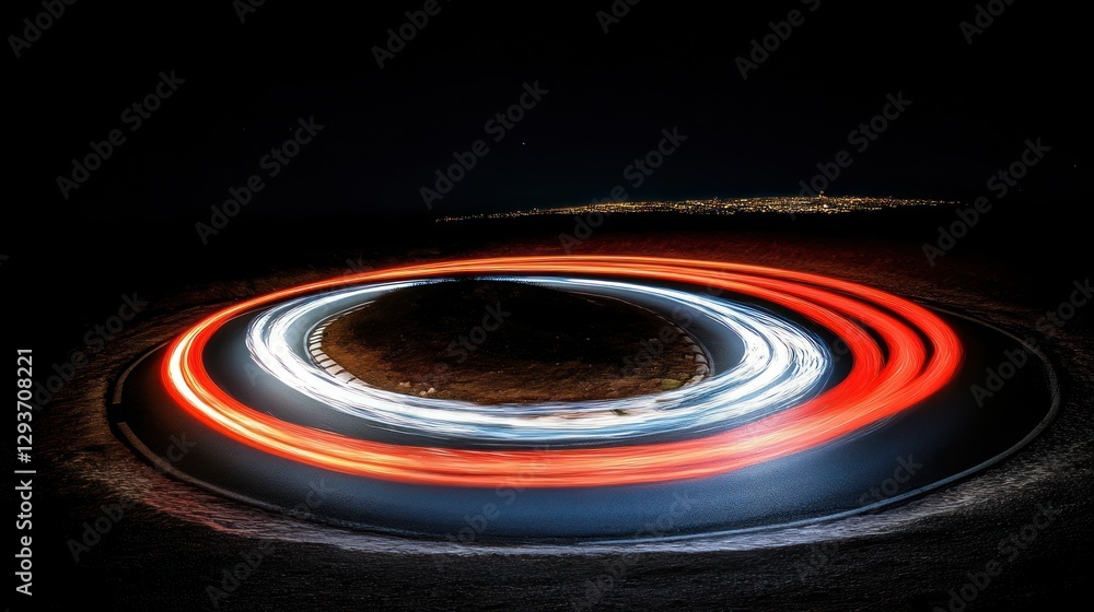 Fototapeta premium Nighttime long exposure photo of car light trails circling a hill.