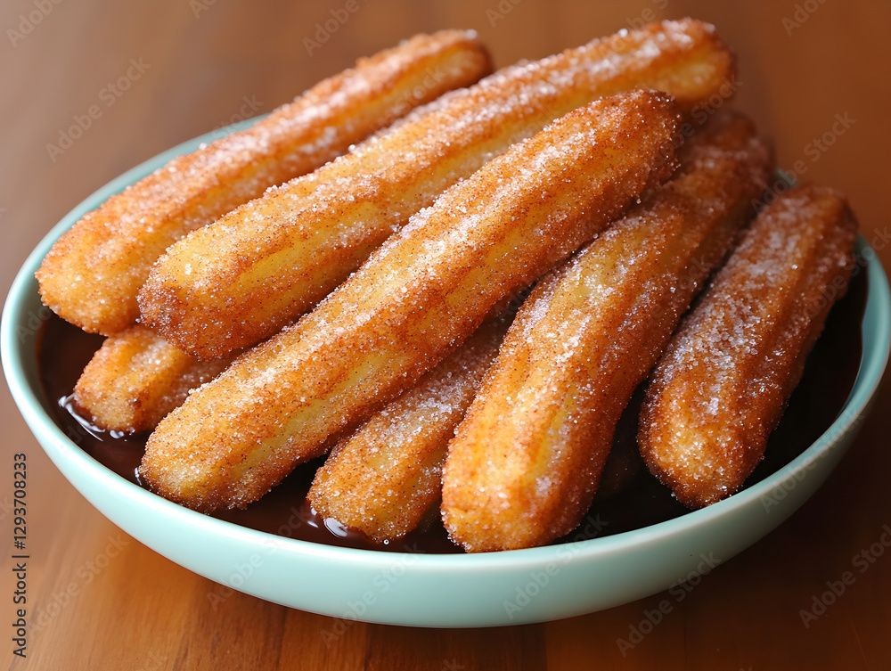 A rich and velvety Spanish churros con chocolate dusted with cinnamon sugar.