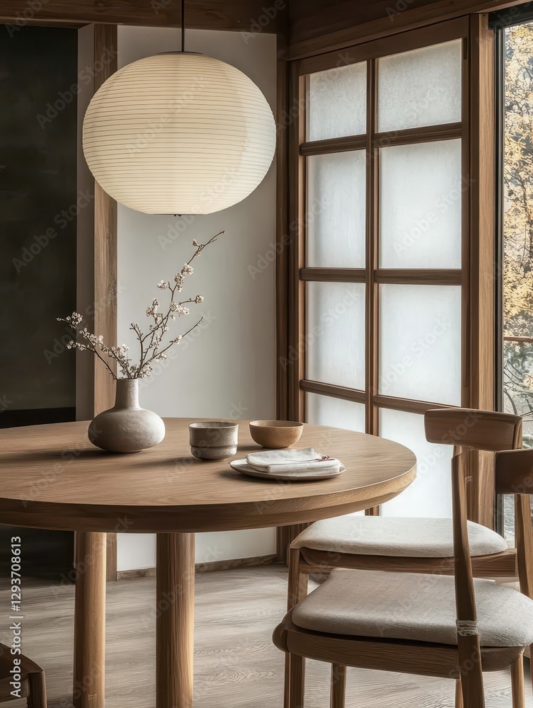 The paper lantern hangs in the dining room above the table The paper lantern hangs in the dining room above the table