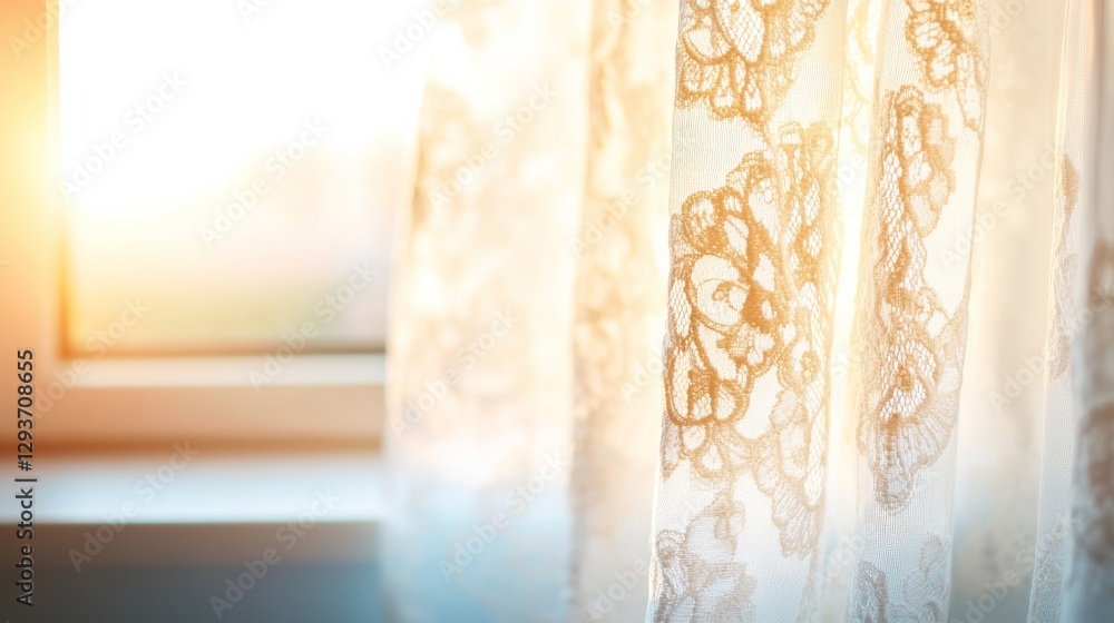 Delicate lace curtains illuminated by soft dappled sunlight, vintage romantic ambiance. Delicate lace curtains illuminated by soft dappled sunlight, vintage romantic ambiance.