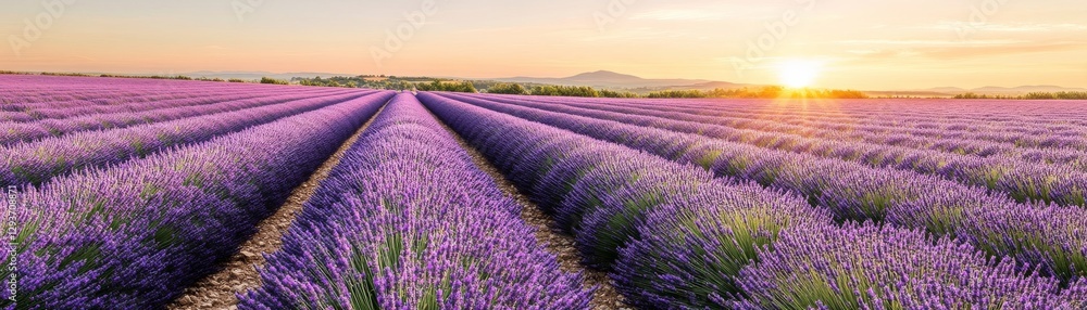 Fototapeta premium Vibrant sunrise over rolling lavender fields, dappled sunlight effect.