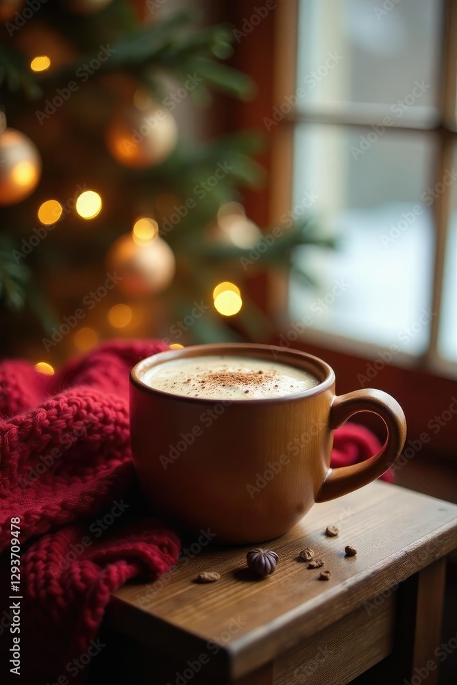 Obraz premium Cozy knitted background with wooden mug of hot cocoa on side table, wooden, side table, furniture