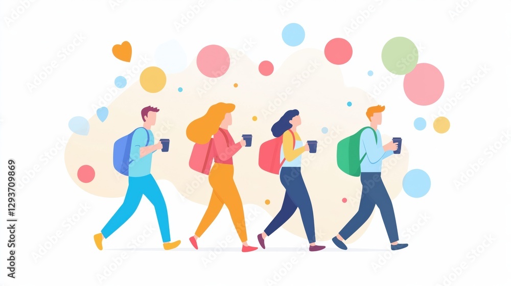 Trendy Freelancers with Coffee in Pastel Illustration Trendy Freelancers with Coffee in Pastel Illustration
