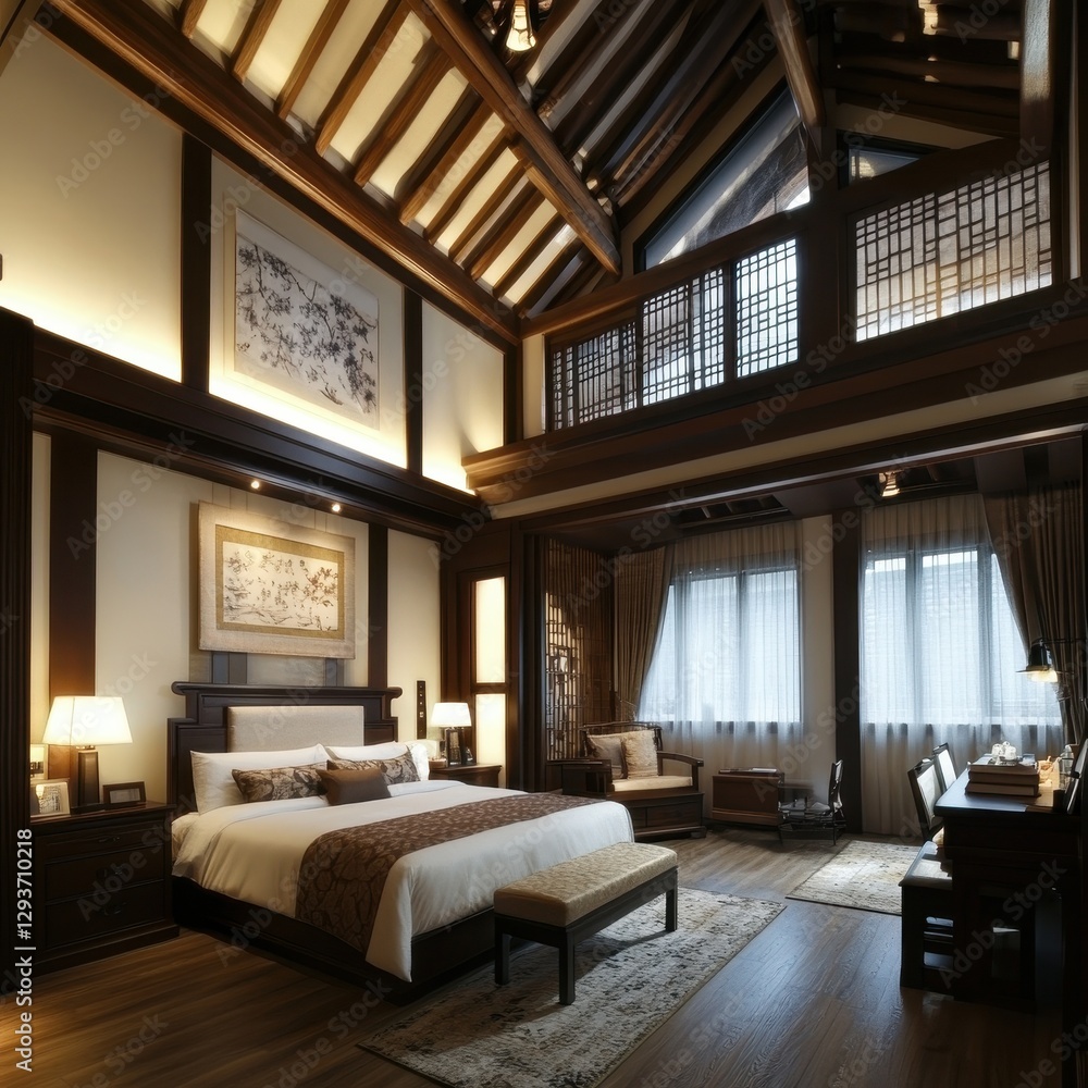 A beautiful luxury bedroom with traditional asian design elements A beautiful luxury bedroom with traditional asian design elements