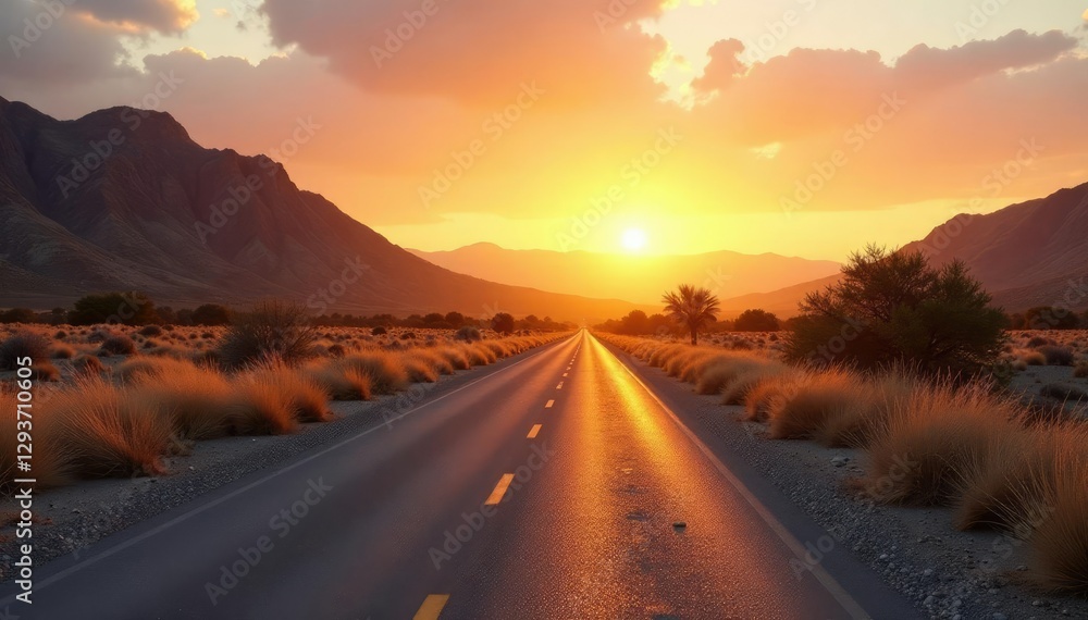 Fototapeta premium Desert landscape with dry plants along the road early morning, road, trees, sunrise