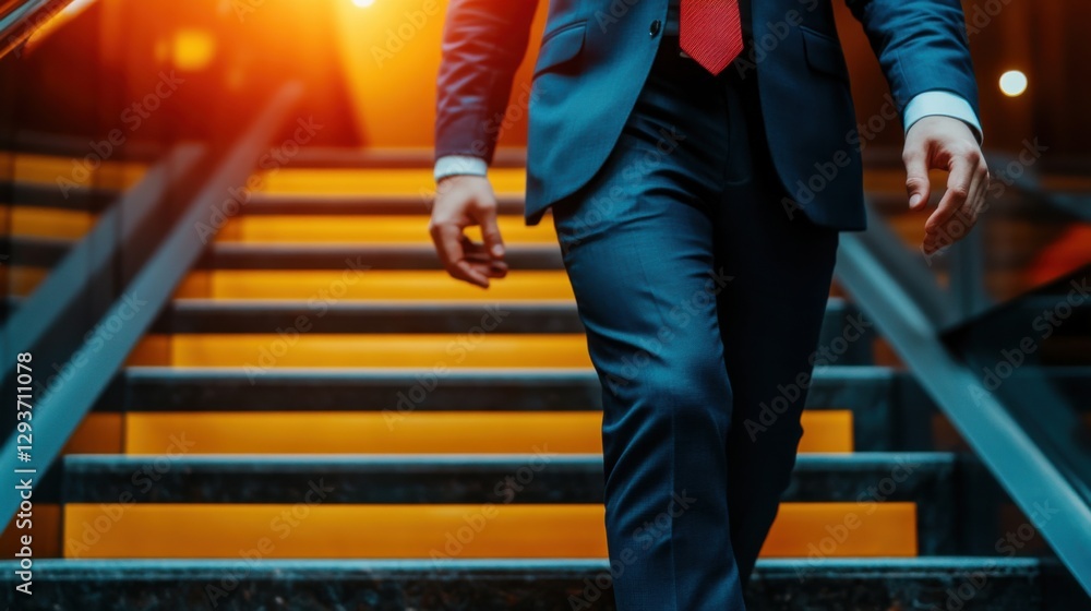 Fototapeta premium Successful professional climbing stairs in a corporate setting, career growth and ambition, symbolic shot