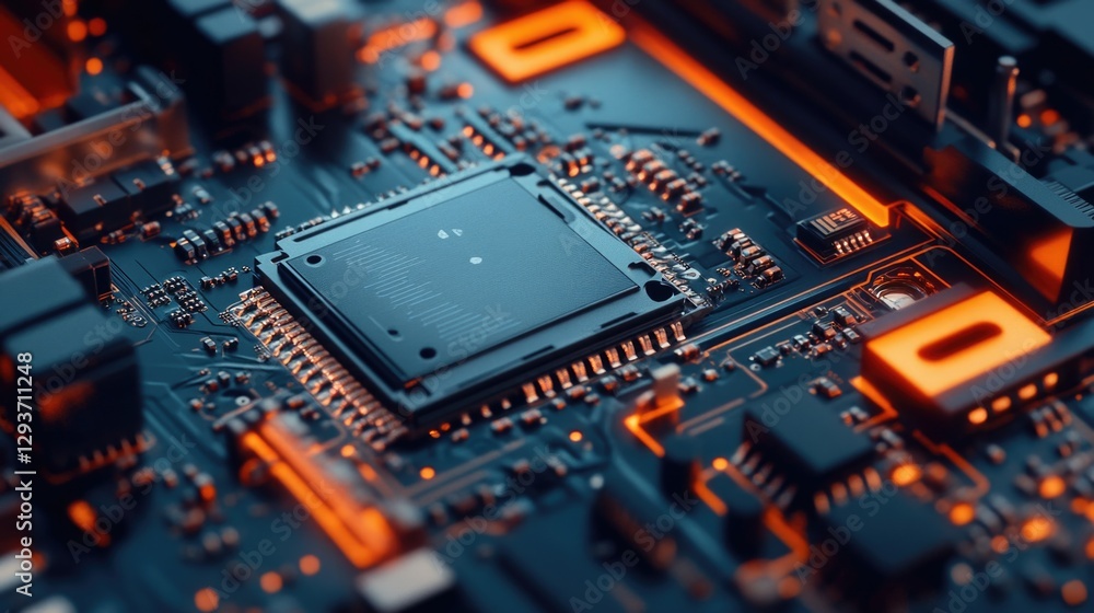 © Alla - A detailed view of a computer motherboard with various components and circuits