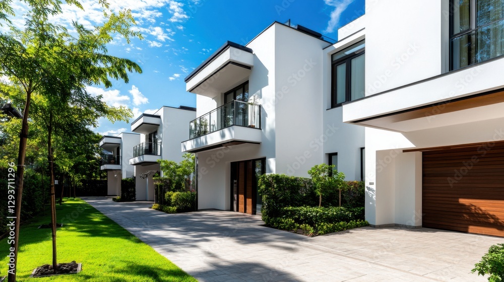 Stylish white townhouse in an upscale neighborhood, sophisticated design, modern city real estate Stylish white townhouse in an upscale neighborhood, sophisticated design, modern city real estate