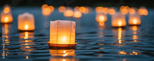 Floating paper lanterns casting golden dappled reflections on water. photo