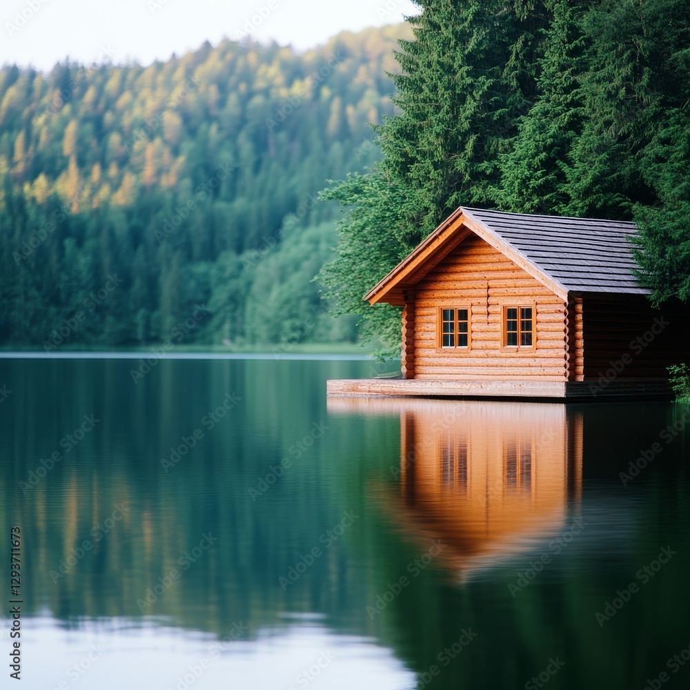 Fototapeta premium Tranquil lakeside cabin with soft dappled sunlight reflections.