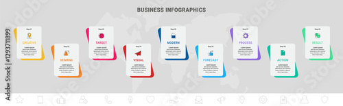 Vector line infographics with 9 rectangles. Business concept graphic process template with nine steps and labels. Graphic timeline for step by step, app, website, chart, web, diagram, presentations