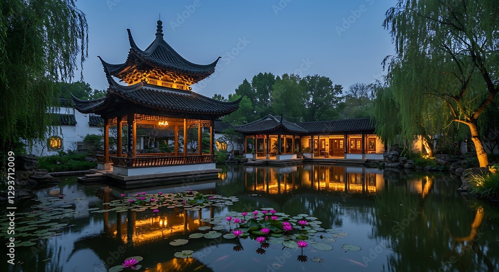Naklejka premium Serene Chinese Garden Pavilion at Sunset with Pink Lotus Flowers 