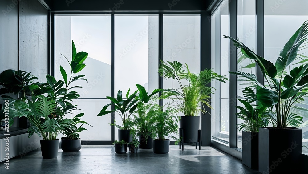 Fototapeta premium Dark modern interior with potted plants creating a tranquil, green space near the window