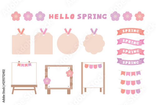 A set of design illustrations with the concept of the Spring season. This is a set of cherry blossoms, garland, label, banner, picture frame, frame, ribbon, panel, board.