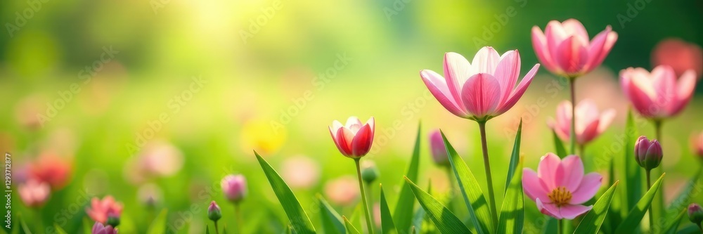 Gentle pink petals sway in the breeze among green grass, blooms, field Gentle pink petals sway in the breeze among green grass, blooms, field